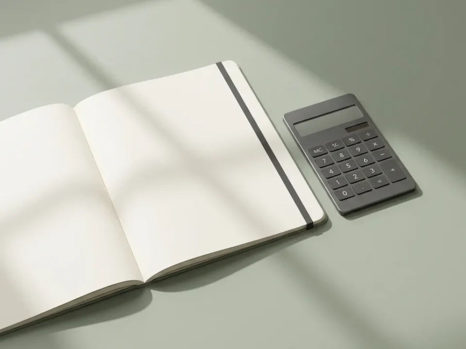 Opengeslagen salarisadministratieboek naast rekenmachine op minimalistische bureauondergrond in salie- en gebroken wittinten.