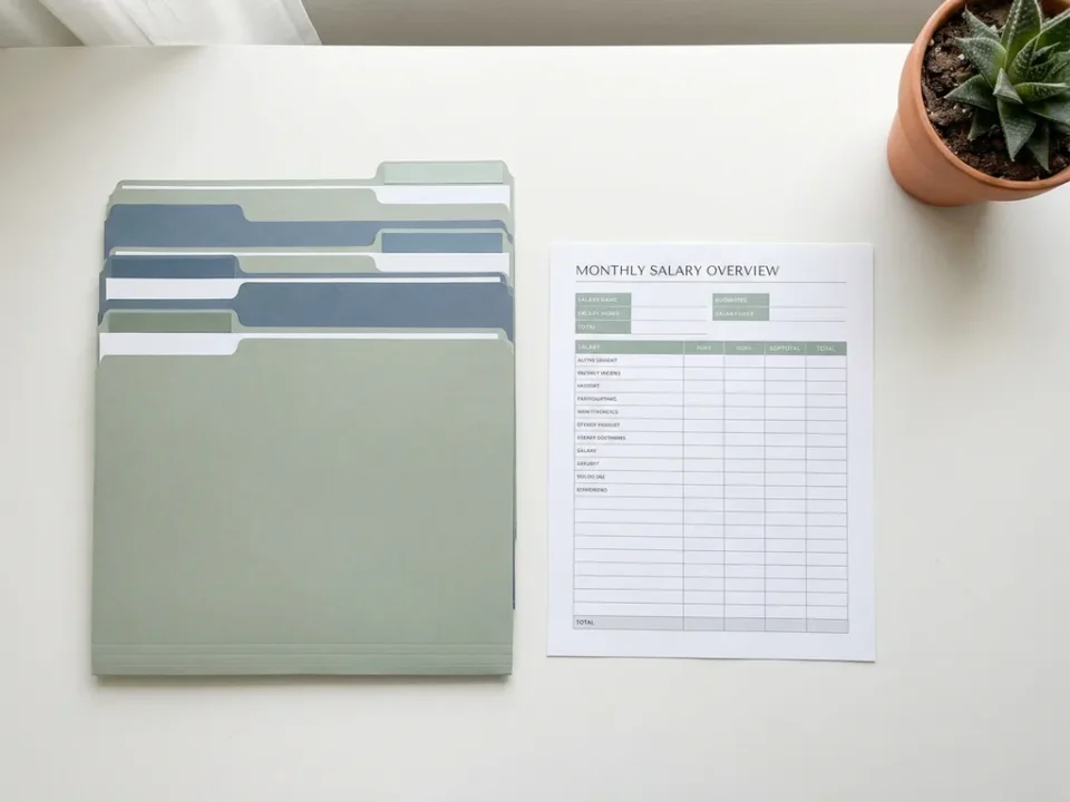 Geordende personeelsmappen naast een maandelijks salarisoverzicht op een minimalistisch wit bureau met een klein groen plantje.