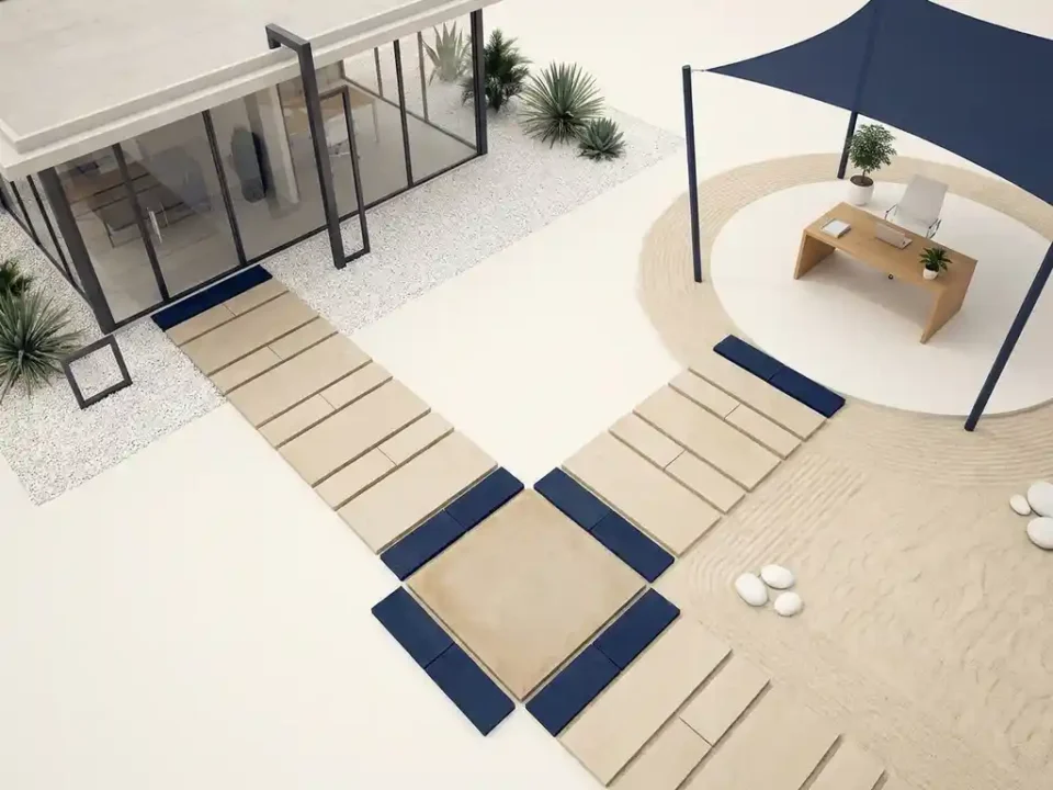 Stenen pad dat zich splitst naar een glazen kantoorgebouw en een minimalistische werkplek, bovenaanzicht in wit, zand en marineblauw.