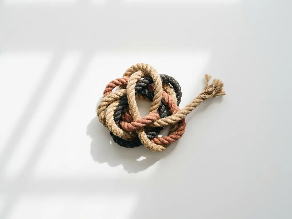 Verwarde dikke touwknoop op wit bureau met uitgerafelde losse uiteinde, zachte schaduwen, minimalistische bovenaanzicht compositie.