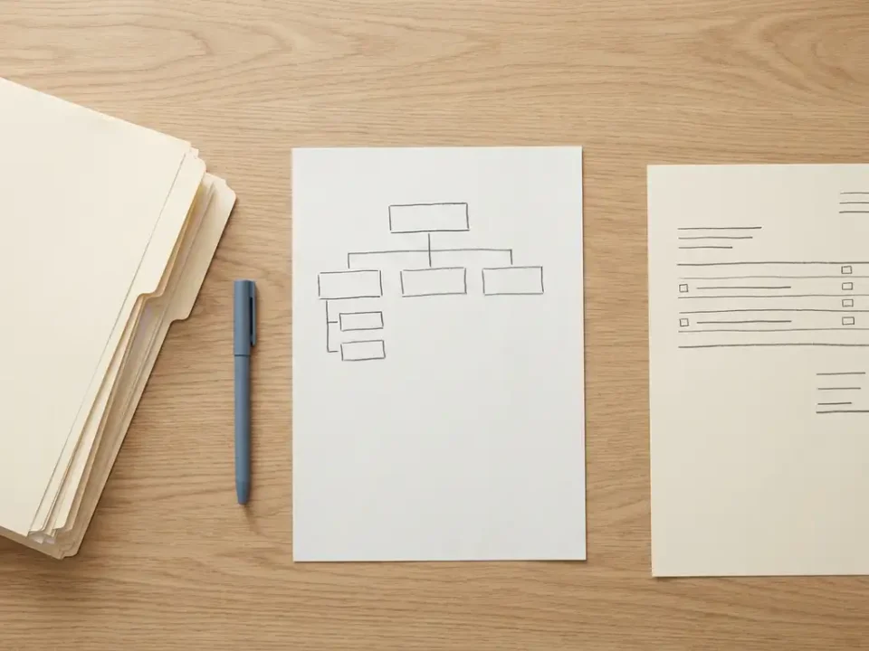 Eikenhouten bureau met contractmap, pen en salarisoverzicht in minimalistische, professionele opstelling met zacht natuurlijk licht.
