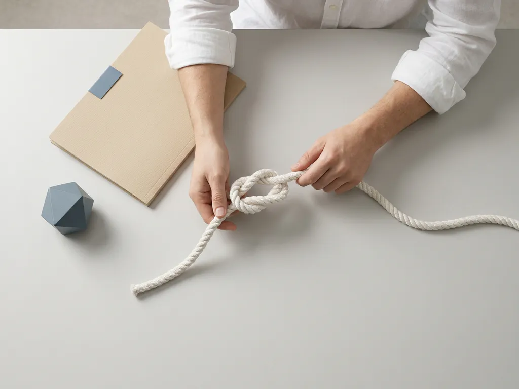 Personeelsadviseur lost zorgvuldig een knoop op in een wit touw op een minimalistische lichtgrijze bureauondergrond.
