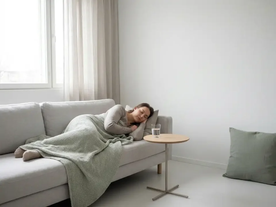Uitzendkracht rustend op een bank thuis, ingepakt in een lichte deken, glas water op bijzettafel, rustig minimalistisch interieur.