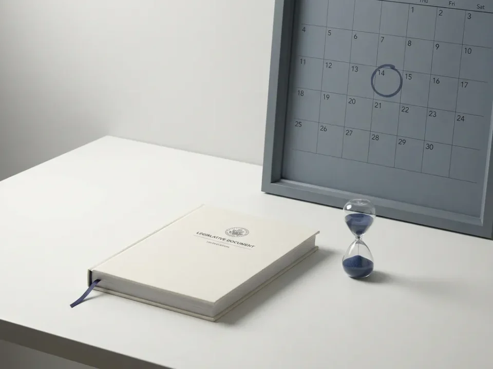 Formeel wetgevend document op wit bureau naast kalender met omcirkelde datum en zandloper, minimalistische compositie.