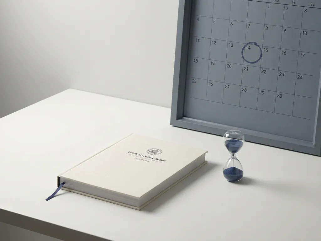 Formeel wetgevend document op wit bureau naast kalender met omcirkelde datum en zandloper, minimalistische compositie.